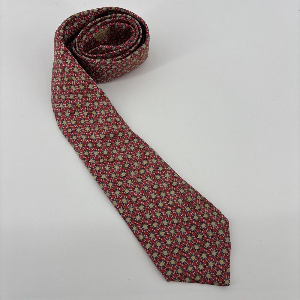 HERMES PARIS Red Geometric Interlocking Chains Silk Tie France 57/ 3.5 in